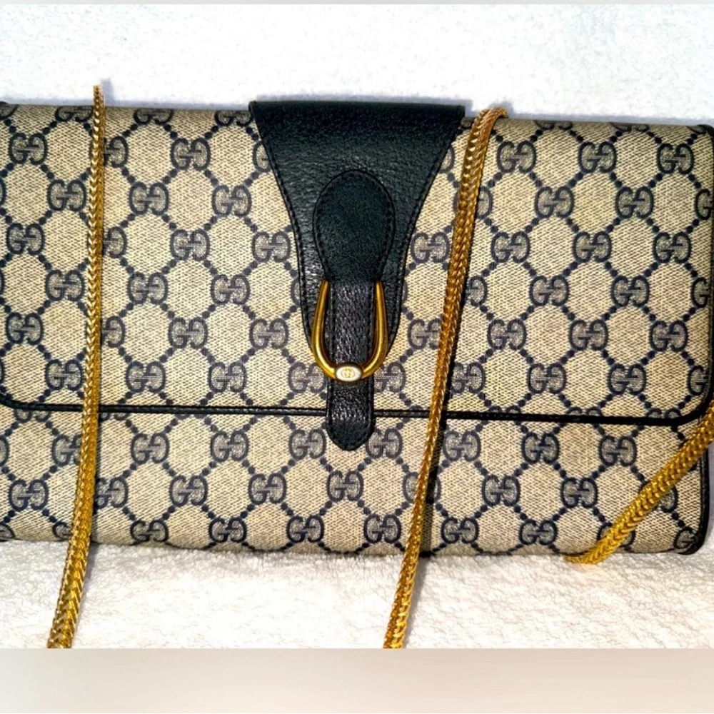 GUCCI GG Canvas Shoulder Bag PVC Leather Gray Navy - Picture 1 of 11